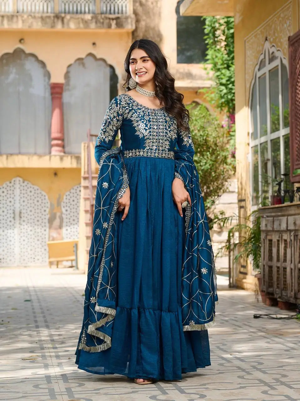 Embroidered Burberry Silk Flair Gown Set