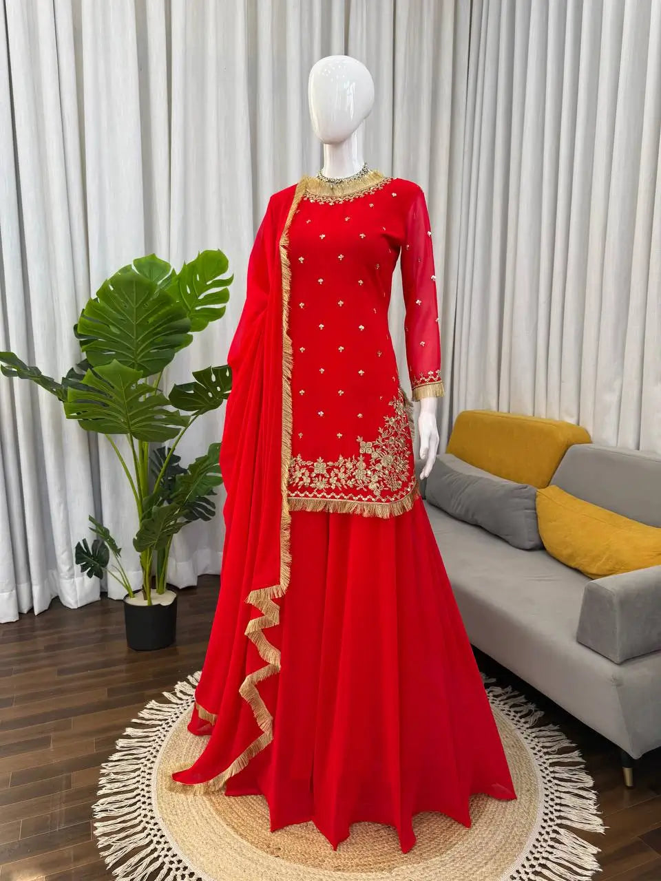 Embroidered C by C Faux Georgette Sharara Set with Dupatta
