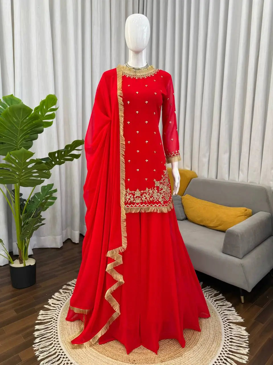 Embroidered C by C Faux Georgette Sharara Set with Dupatta
