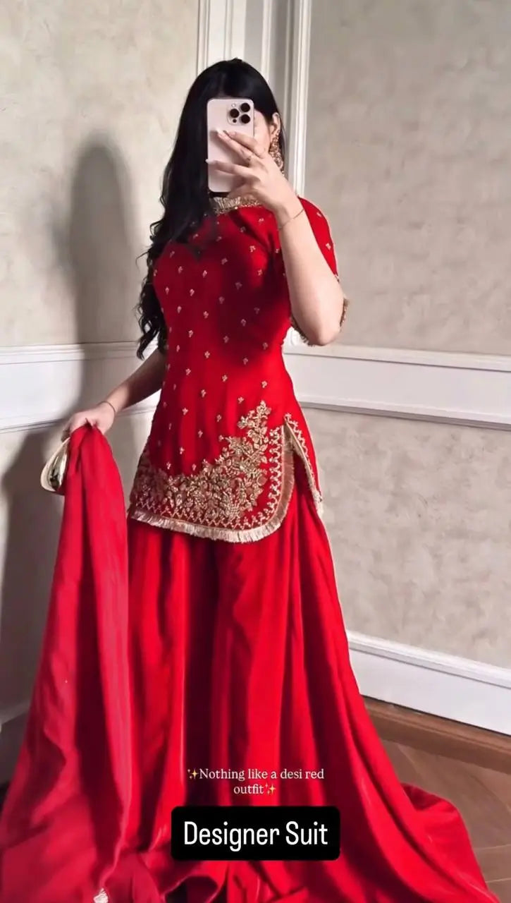 Embroidered C by C Faux Georgette Sharara Set with Dupatta