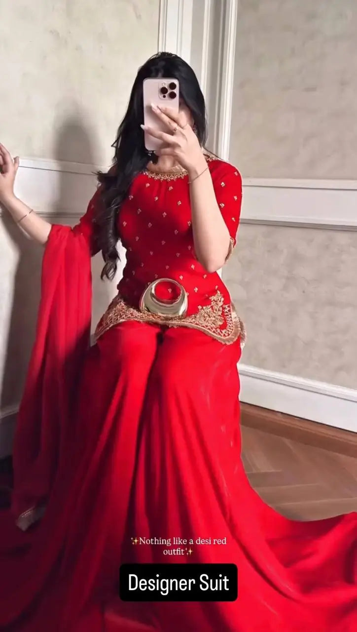 Embroidered C by C Faux Georgette Sharara Set with Dupatta