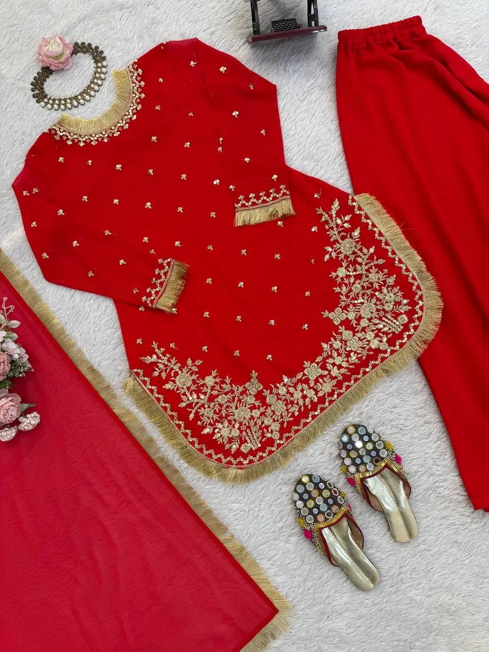 Embroidered C by C Faux Georgette Sharara Set with Dupatta