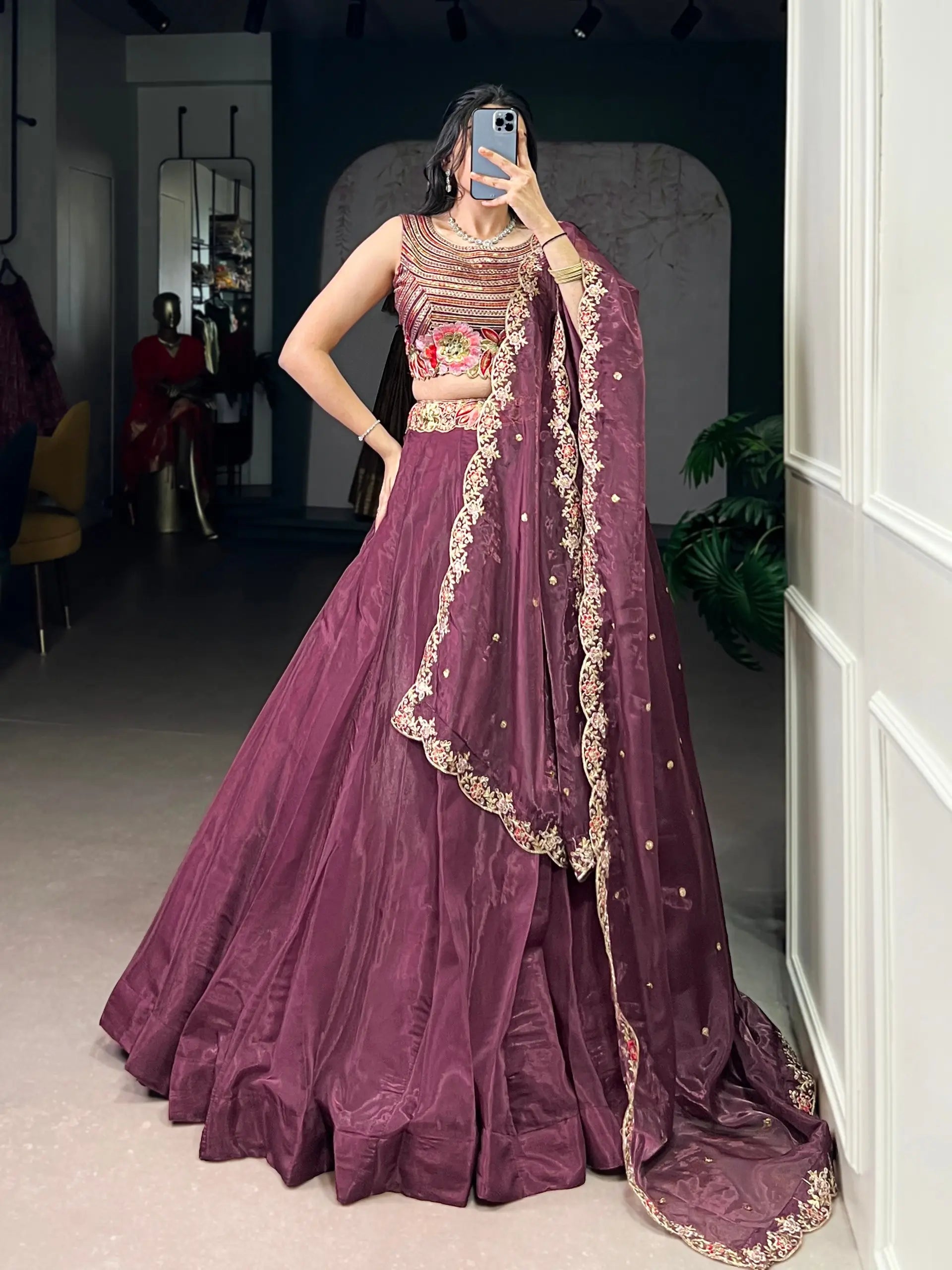 Embroidered Chanda Silk Lehenga Choli Set with Dupatta