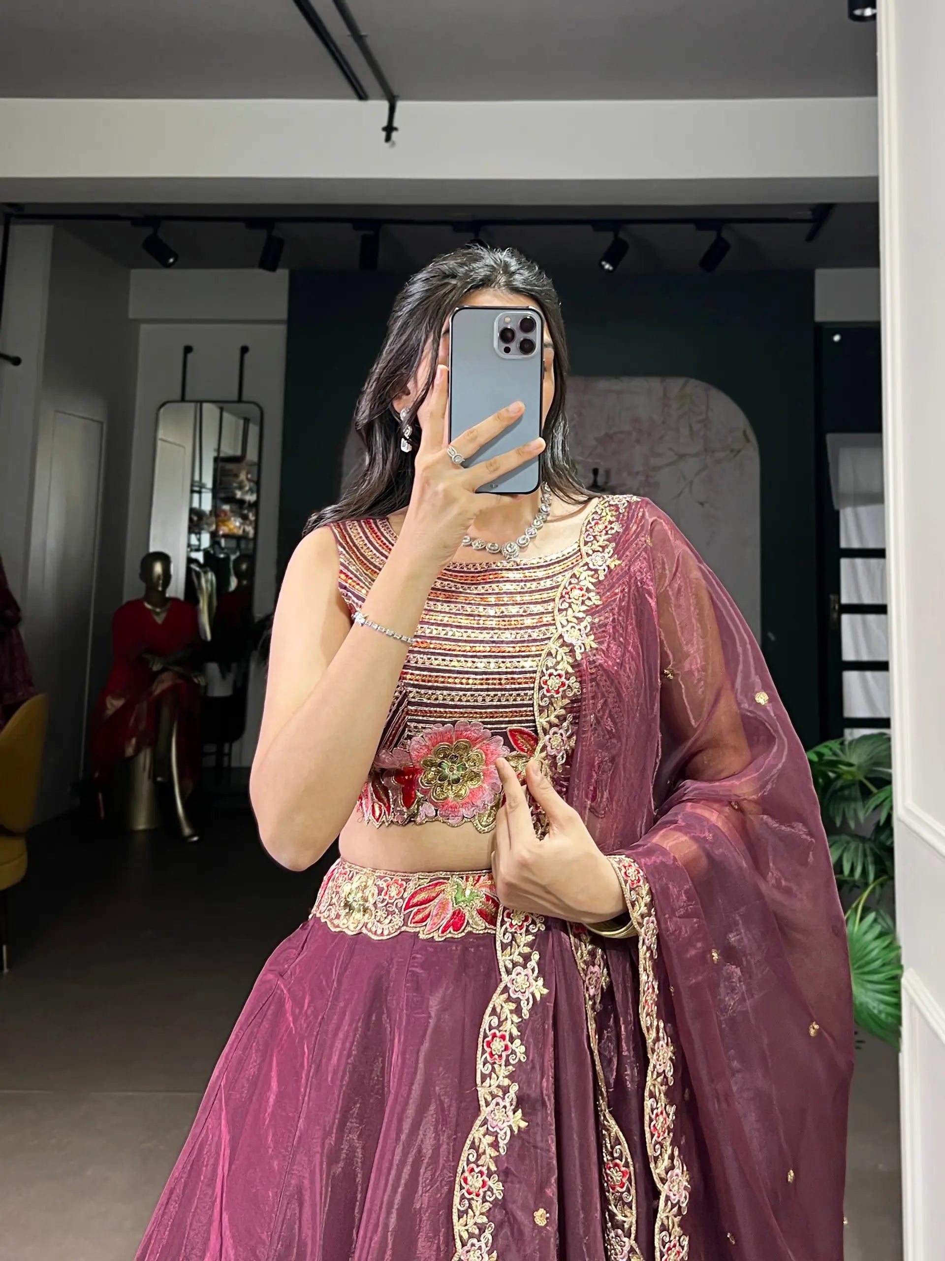 Embroidered Chanda Silk Lehenga Choli Set with Dupatta