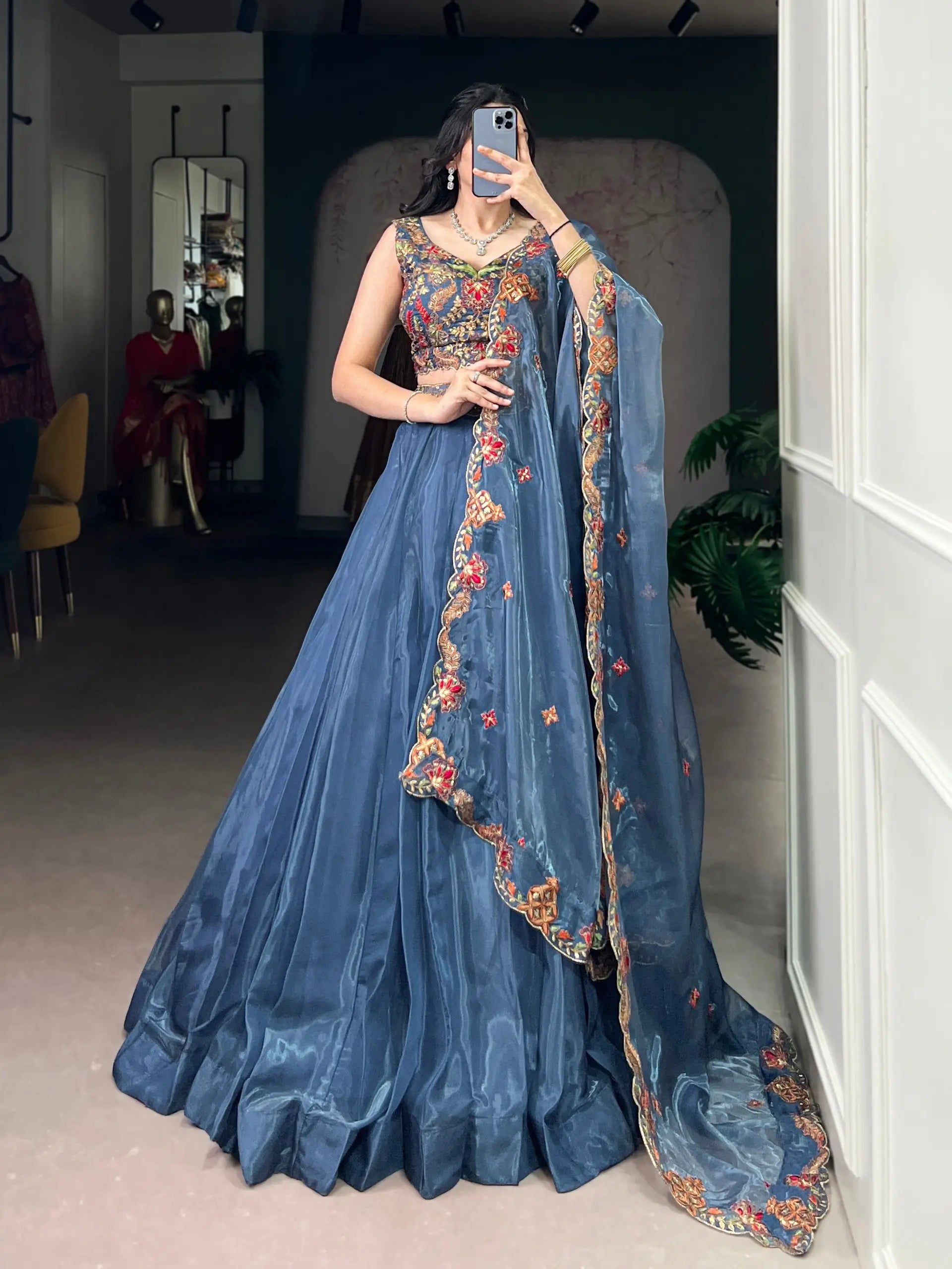Embroidered Chanda Silk Lehenga Choli Set with Dupatta
