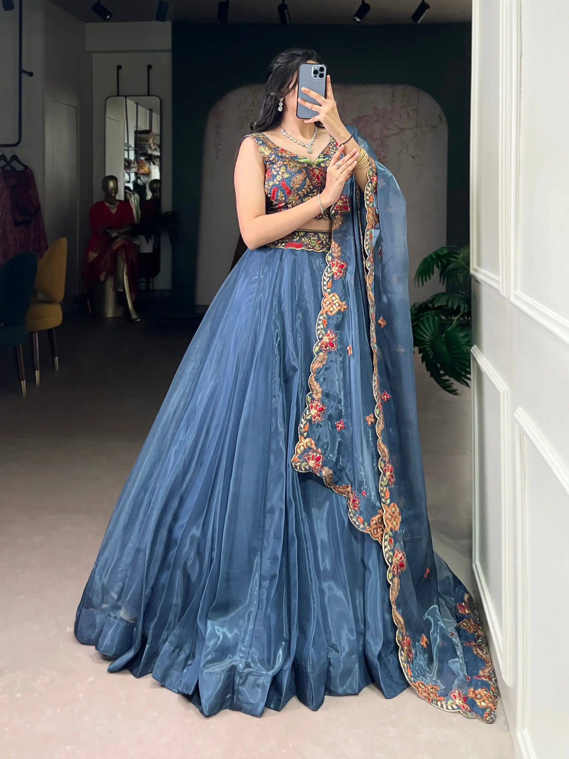 Embroidered Chanda Silk Lehenga Choli Set with Dupatta