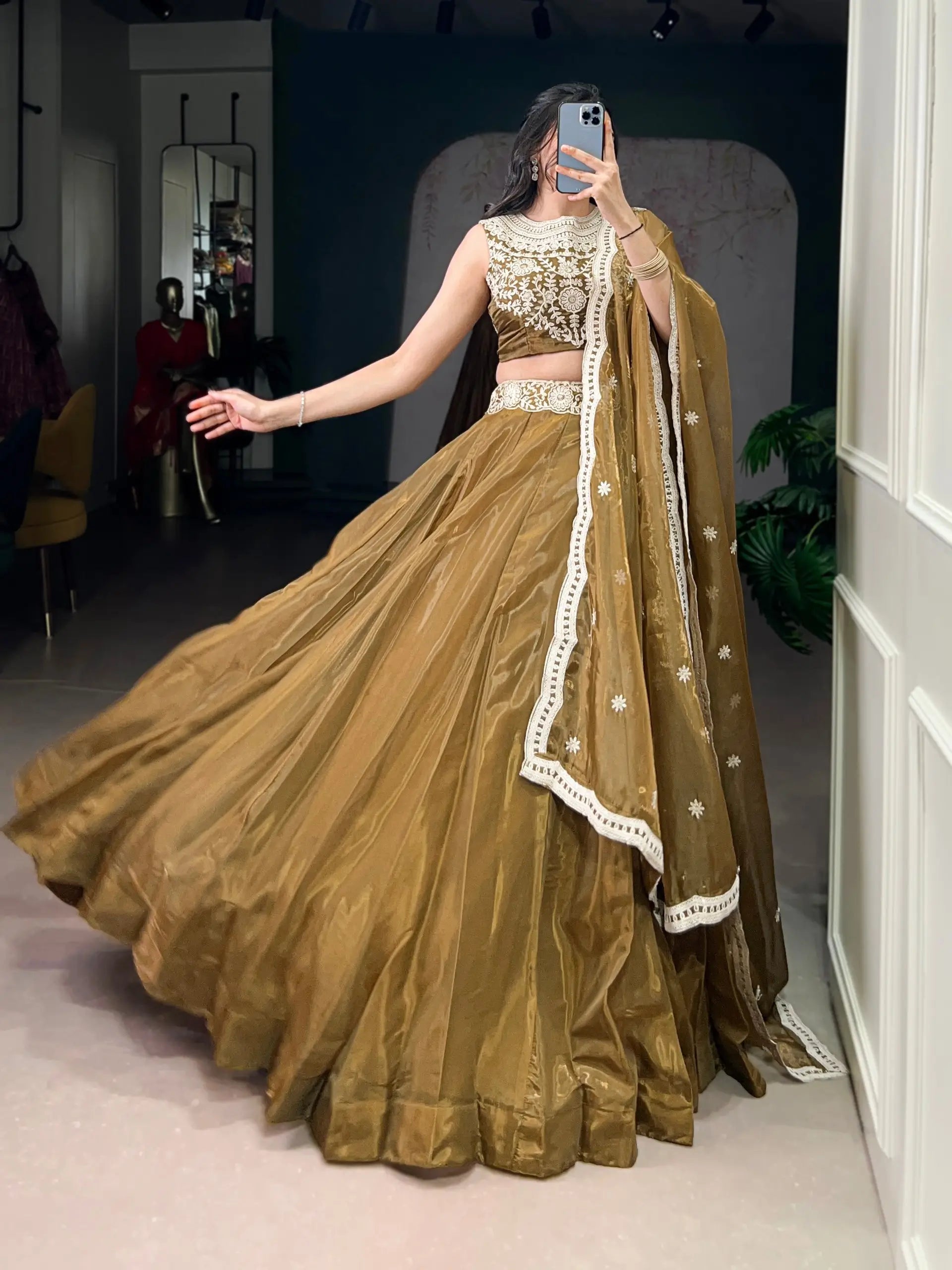 Embroidered Chanda Silk Lehenga Choli Set with Dupatta