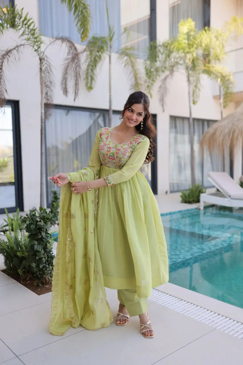 Embroidered Chanderi Gown Set for Festive and Wedding Occasions