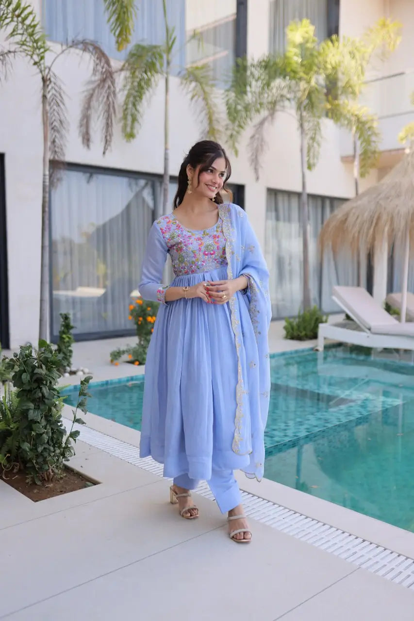 Embroidered Chanderi Gown Set for Festive and Wedding Occasions