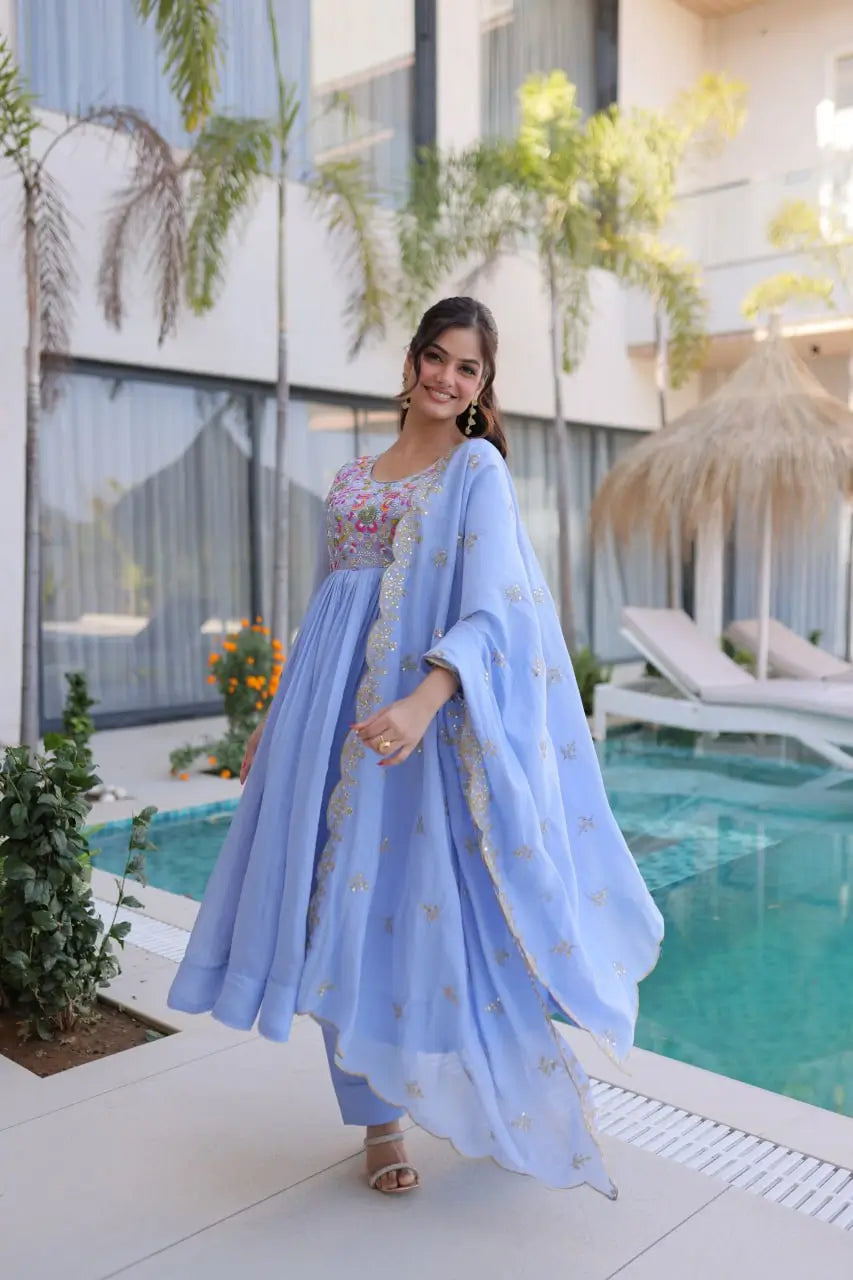 Embroidered Chanderi Gown Set for Festive and Wedding Occasions