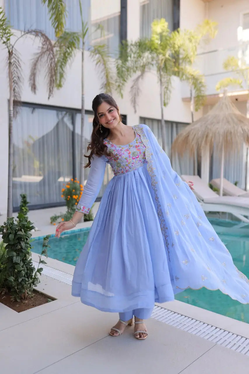 Embroidered Chanderi Gown Set for Festive and Wedding Occasions