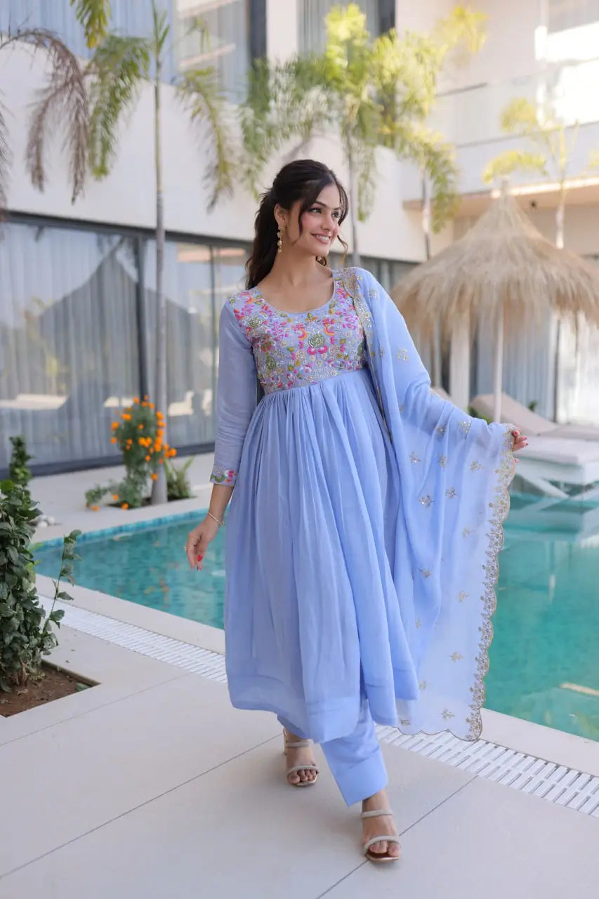 Embroidered Chanderi Gown Set for Festive and Wedding Occasions