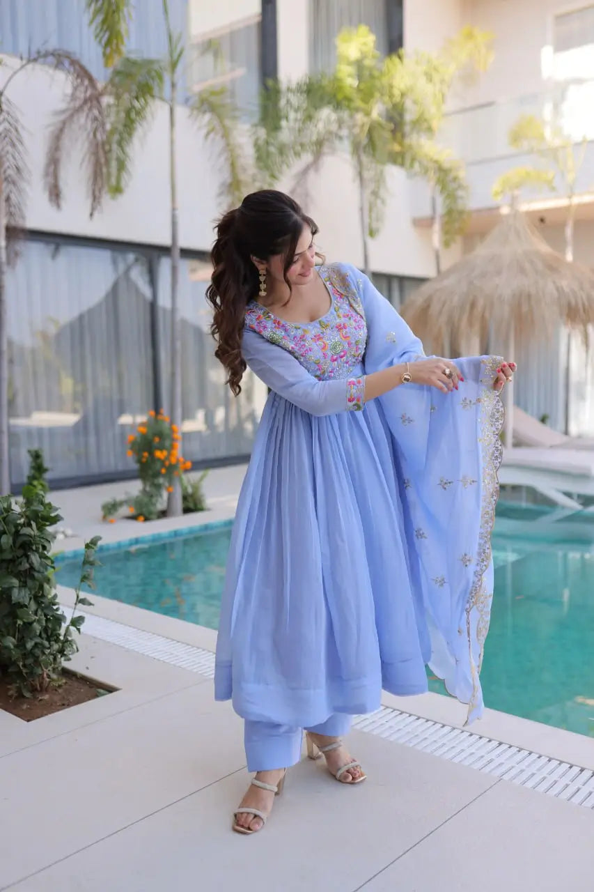 Embroidered Chanderi Gown Set for Festive and Wedding Occasions