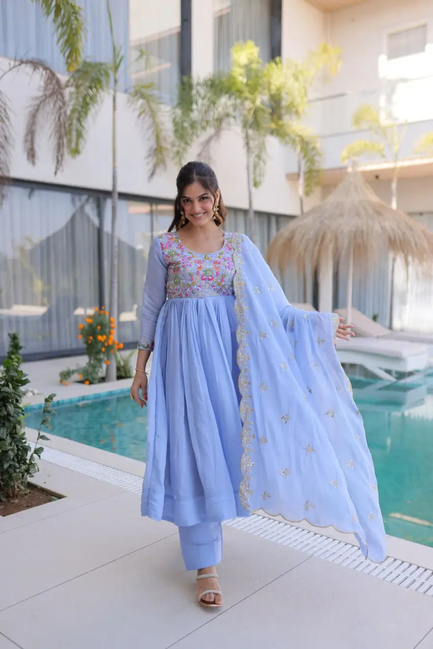 Embroidered Chanderi Gown Set for Festive and Wedding Occasions
