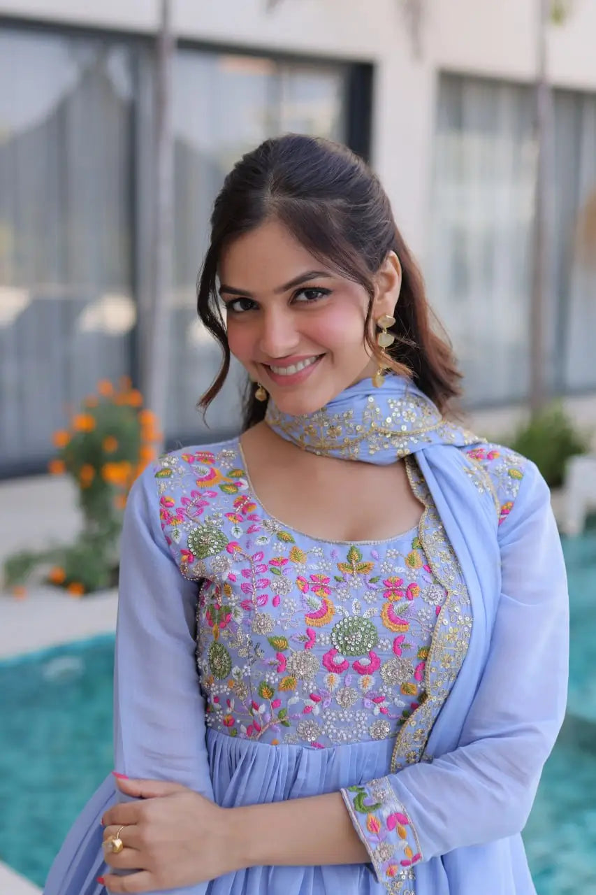 Embroidered Chanderi Gown Set for Festive and Wedding Occasions