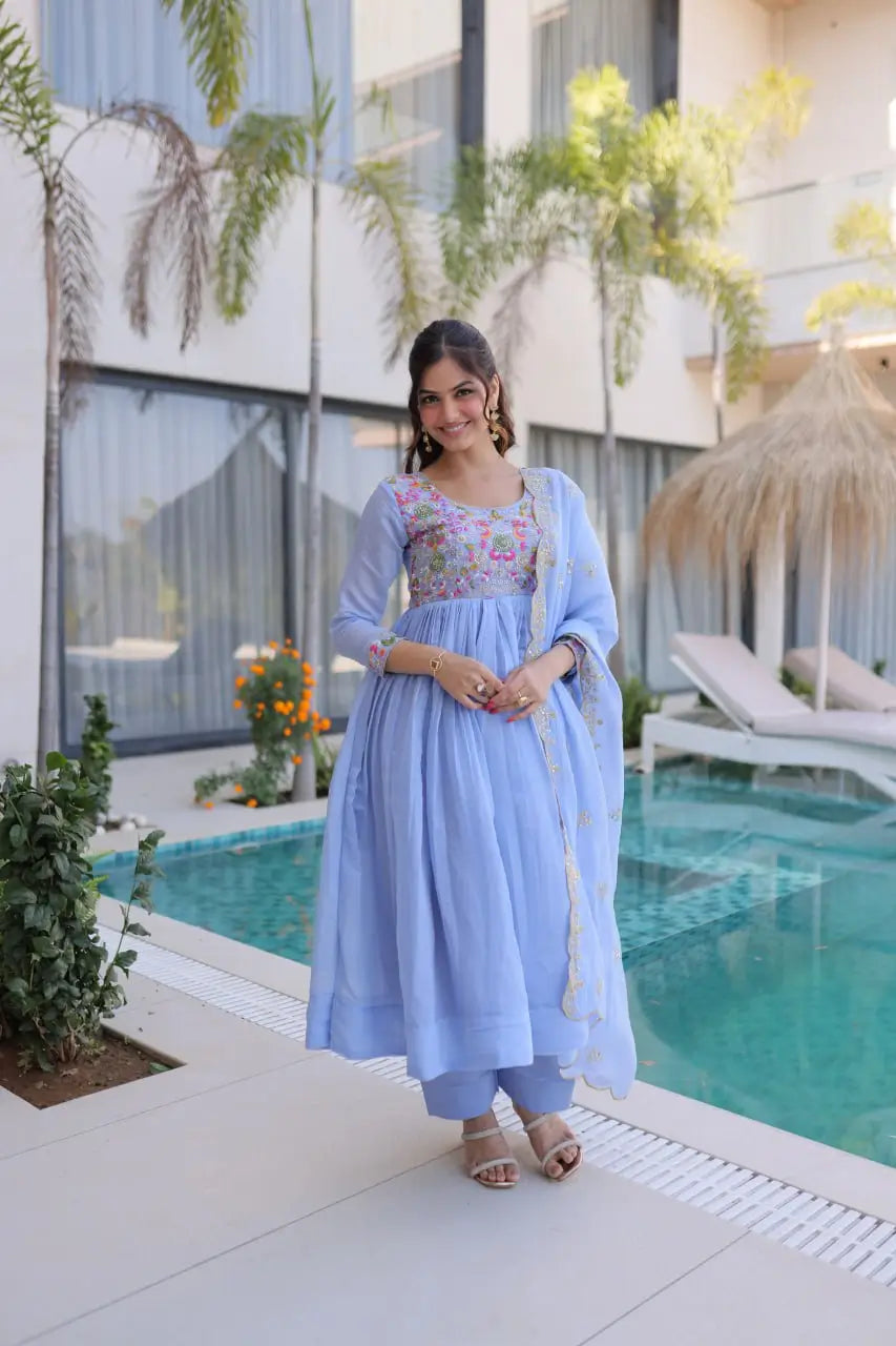 Embroidered Chanderi Gown Set for Festive and Wedding Occasions