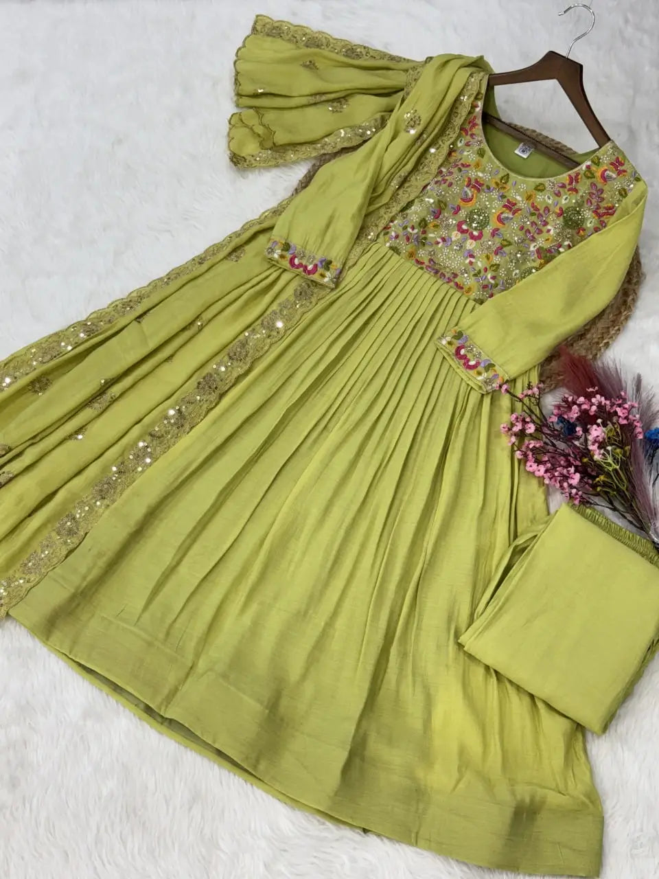 Embroidered Chanderi Gown Set for Festive and Wedding Occasions