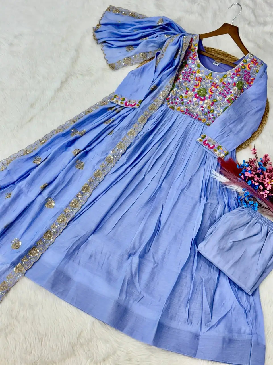 Embroidered Chanderi Gown Set for Festive and Wedding Occasions