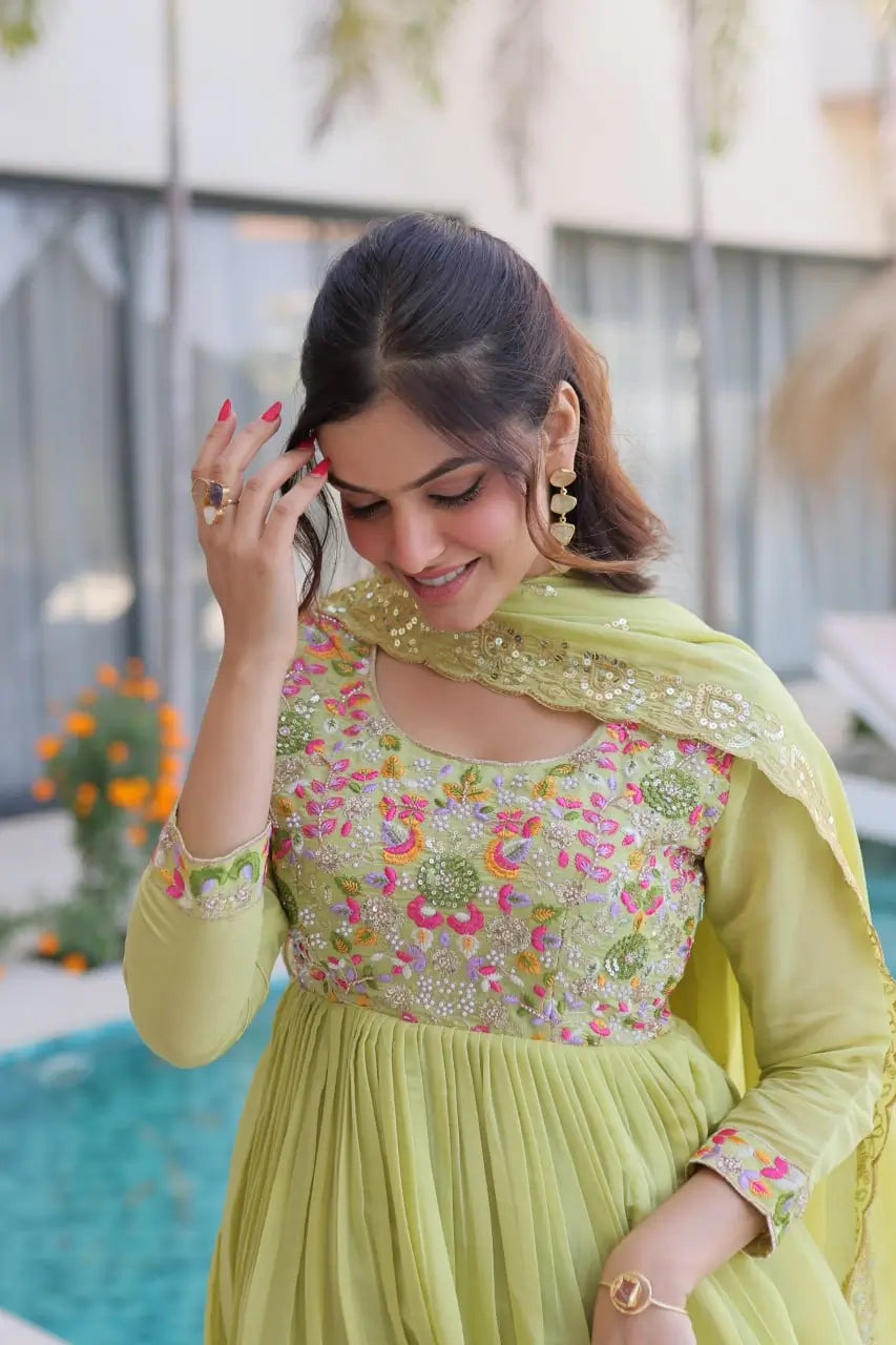 Embroidered Chanderi Gown Set for Festive and Wedding Occasions