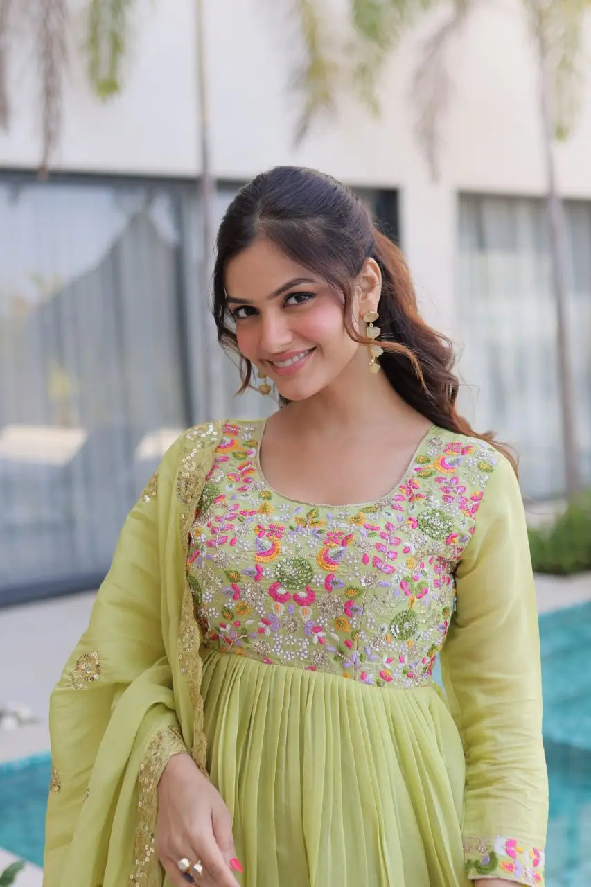 Embroidered Chanderi Gown Set for Festive and Wedding Occasions