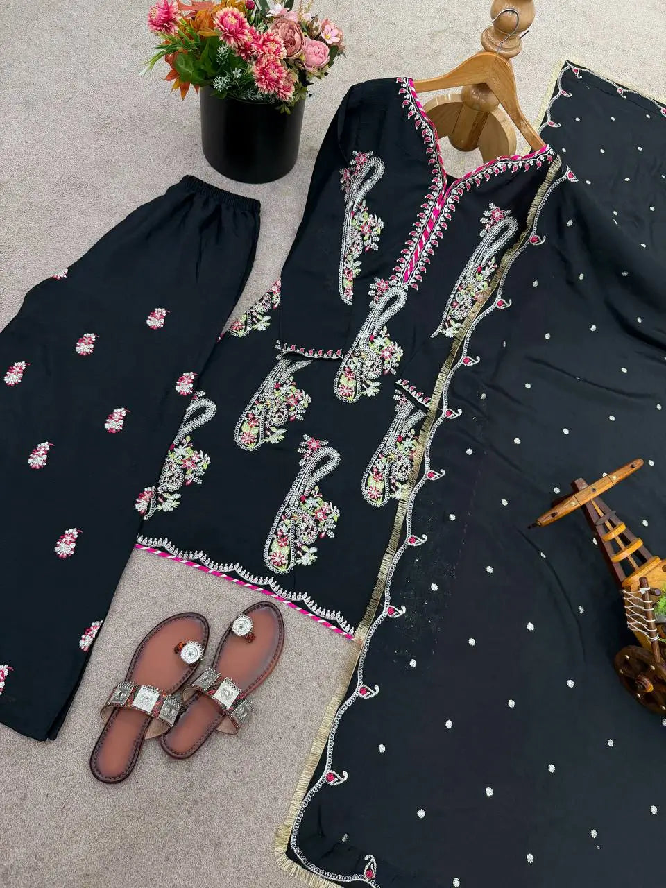 Embroidered Chinnon Kurti Plazzo Set