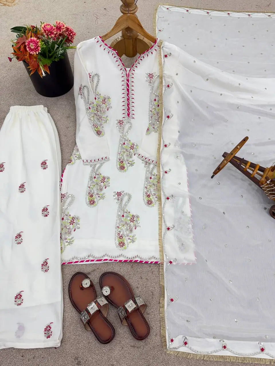 Embroidered Chinnon Kurti Plazzo Set