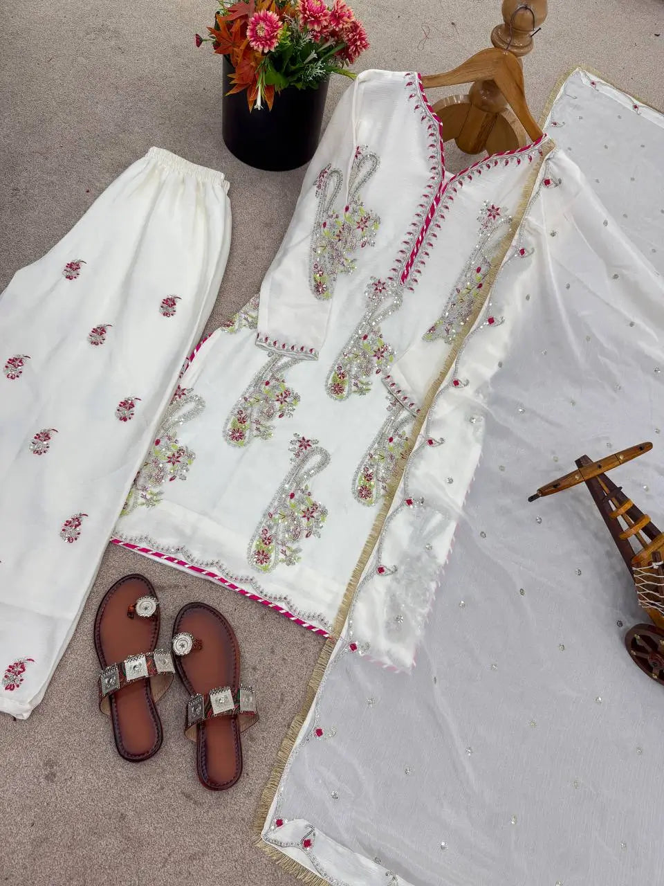 Embroidered Chinnon Kurti Plazzo Set