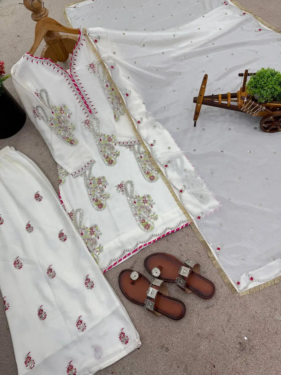 Embroidered Chinnon Kurti Plazzo Set