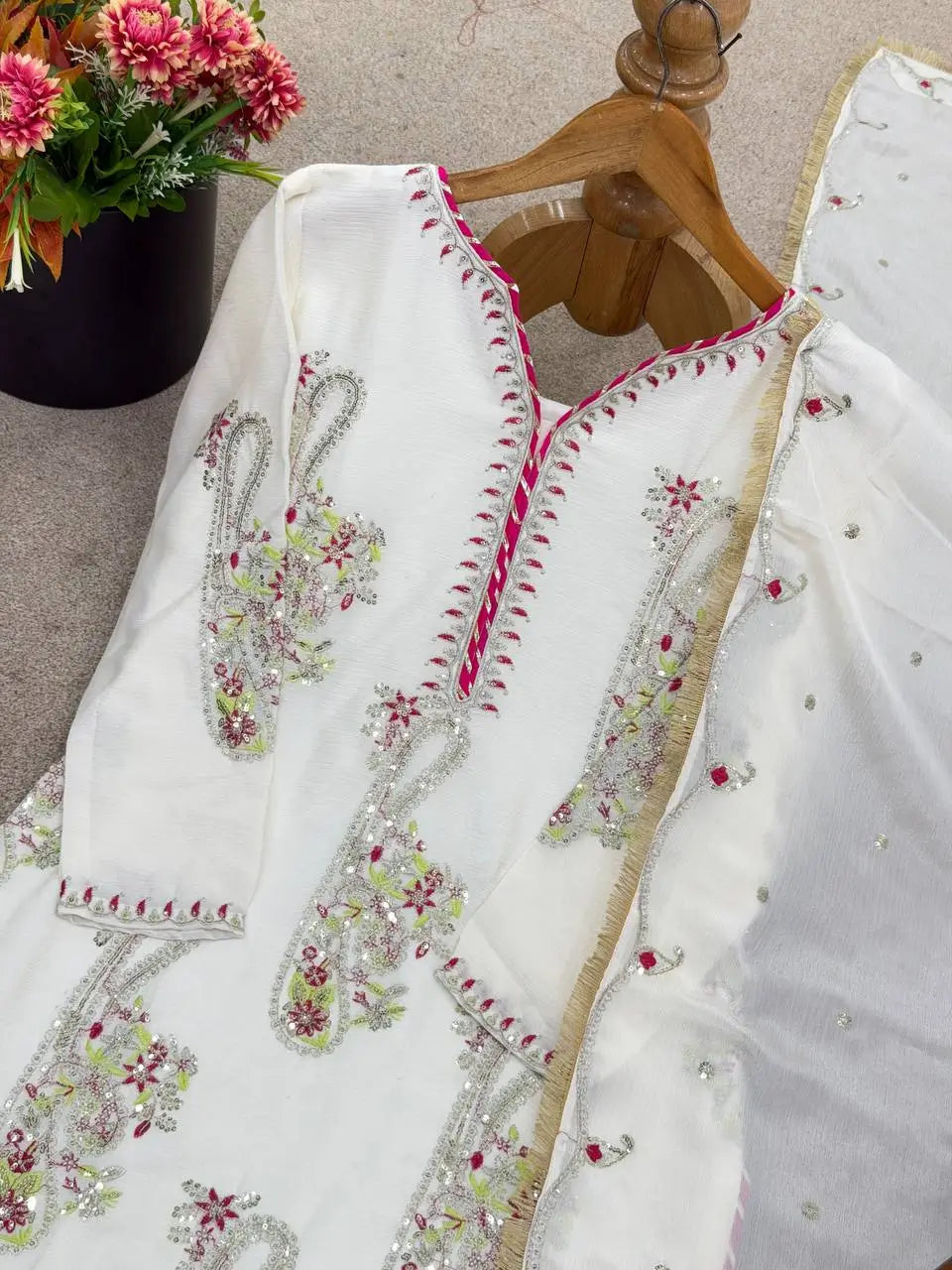 Embroidered Chinnon Kurti Plazzo Set