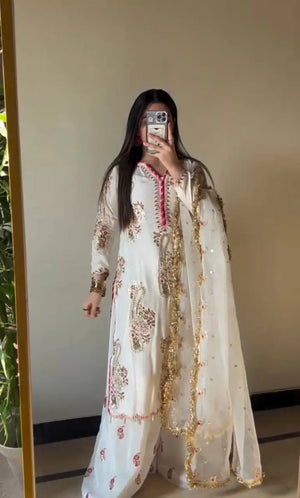 Embroidered Chinnon Kurti Plazzo Set