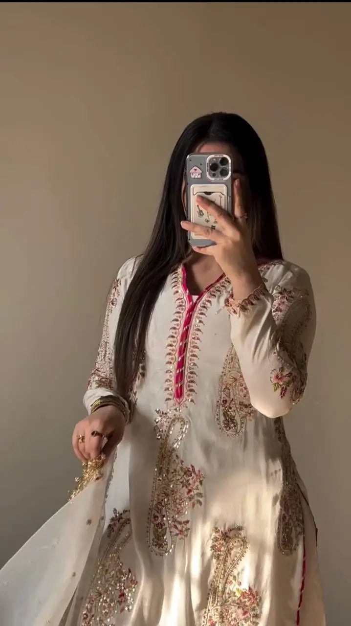 Embroidered Chinnon Kurti Plazzo Set