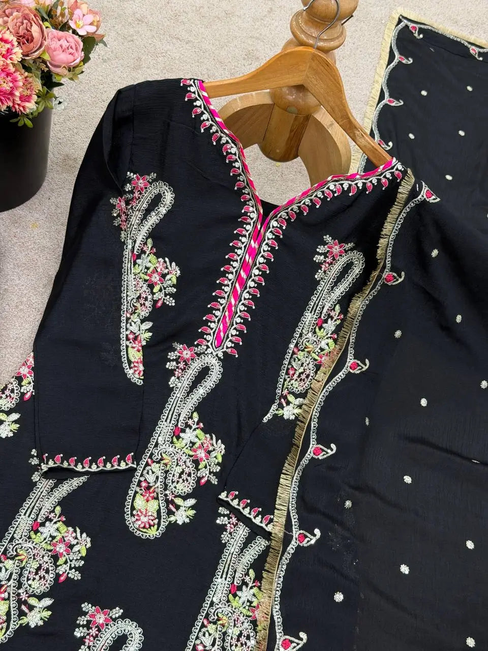 Embroidered Chinnon Kurti Plazzo Set