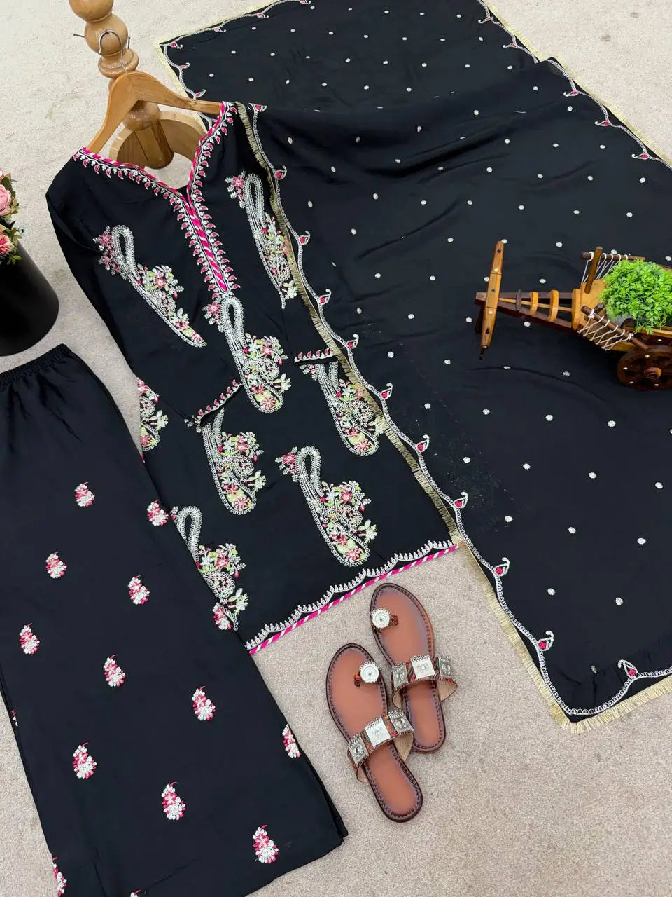 Embroidered Chinnon Kurti Plazzo Set