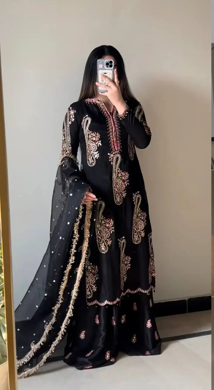Embroidered Chinnon Kurti Plazzo Set