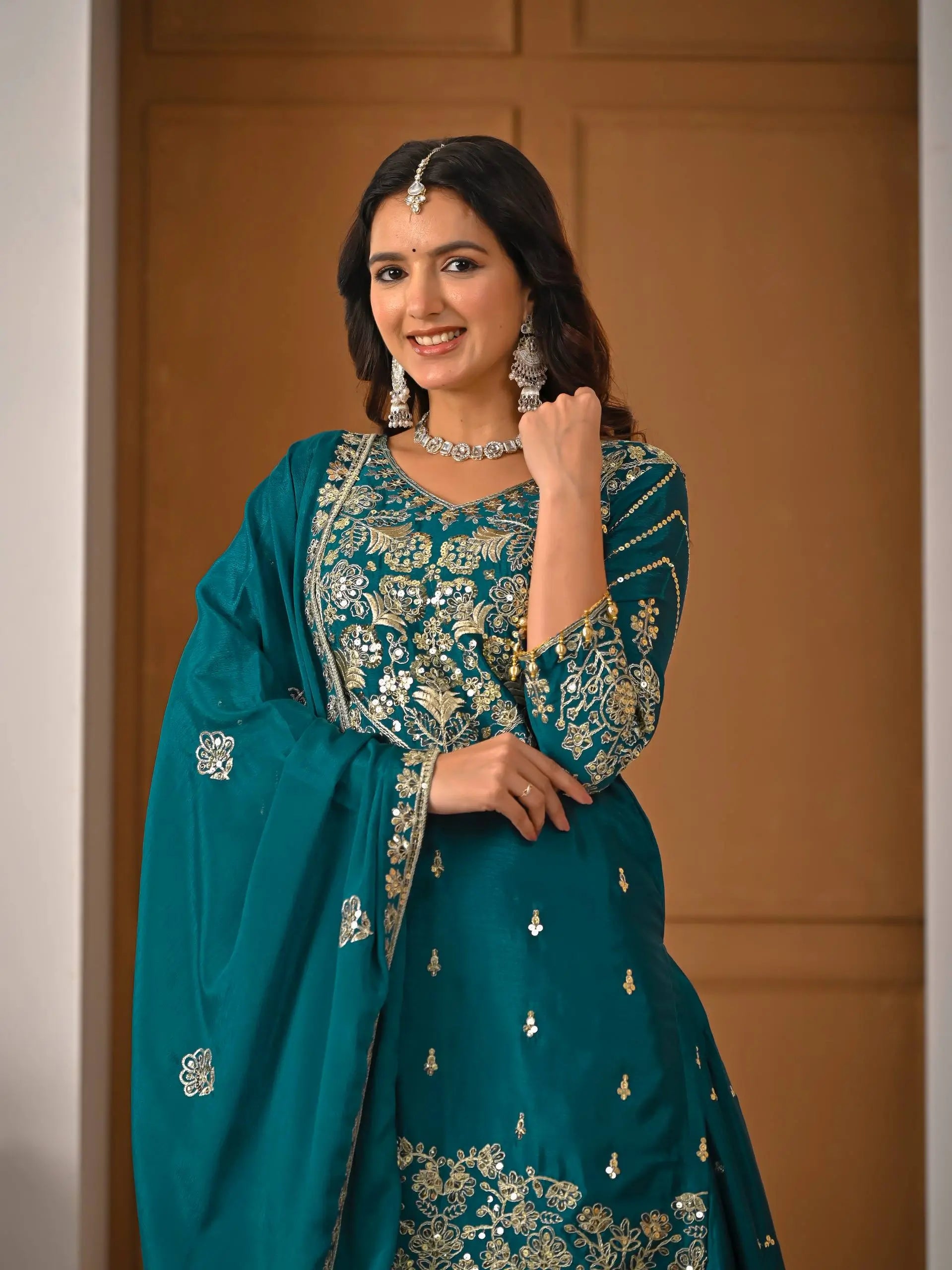 Embroidered Chinnon Silk Lehenga Set with Dupatta