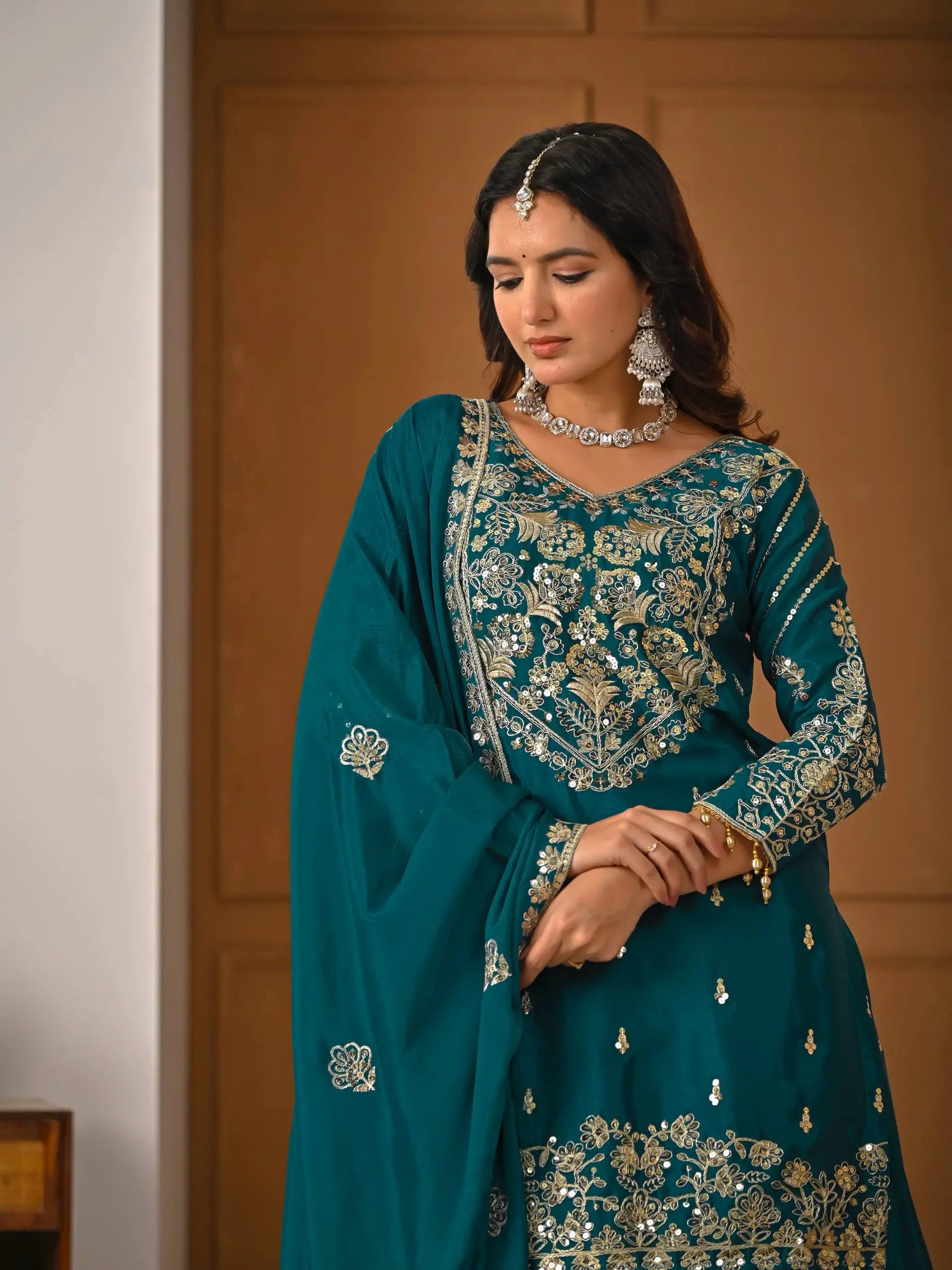 Embroidered Chinnon Silk Lehenga Set with Dupatta
