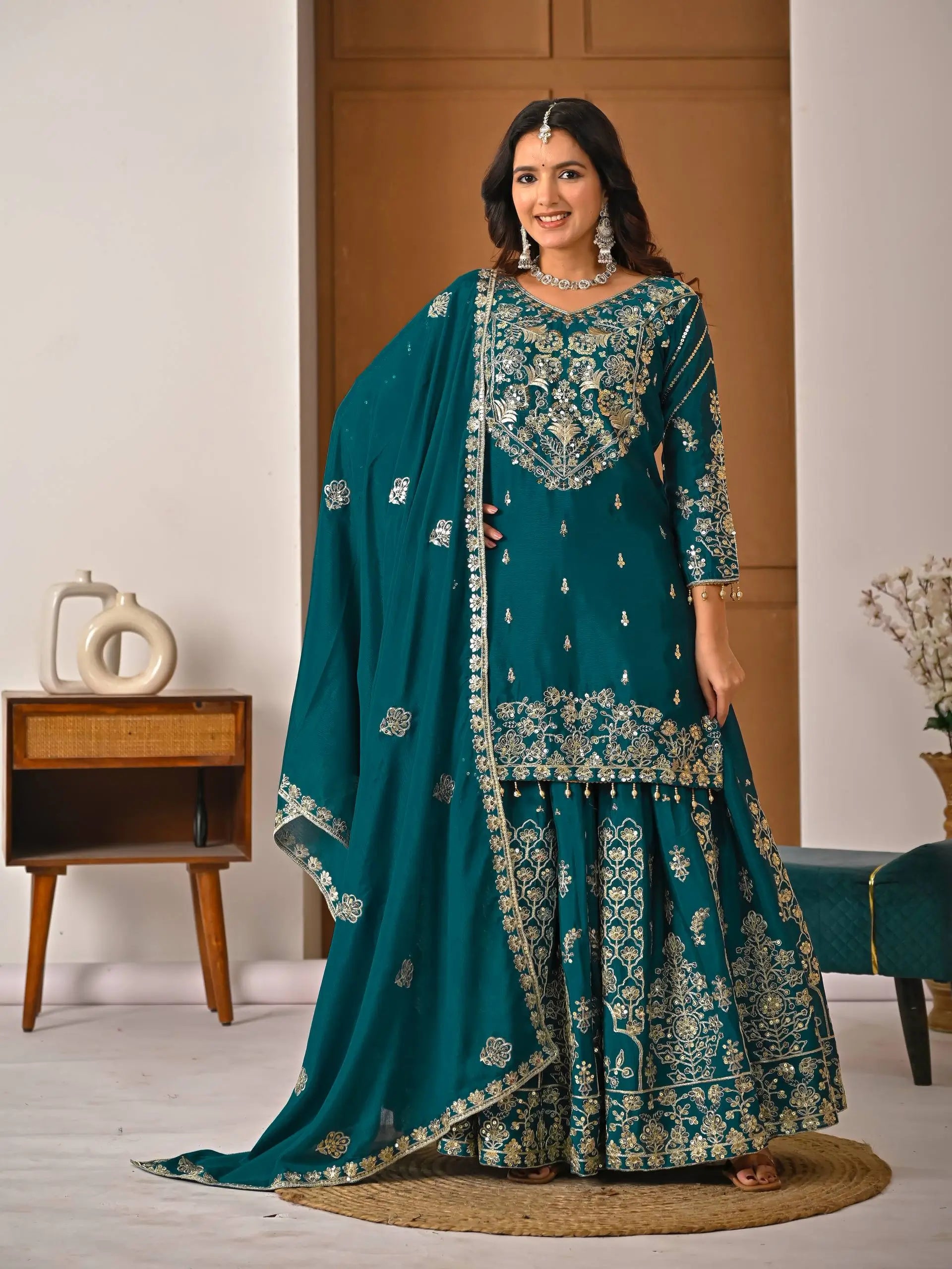 Embroidered Chinnon Silk Lehenga Set with Dupatta