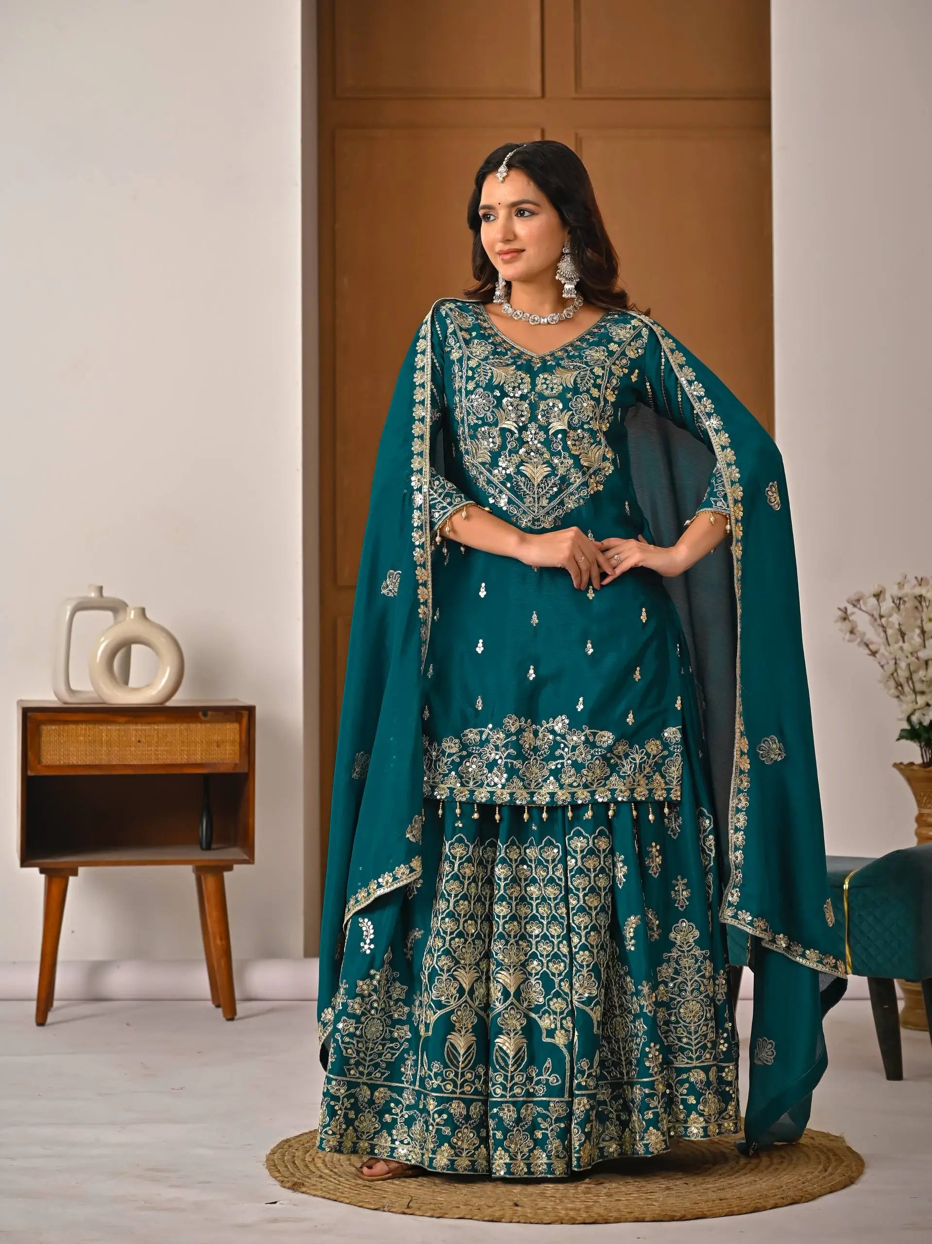 Embroidered Chinnon Silk Lehenga Set with Dupatta