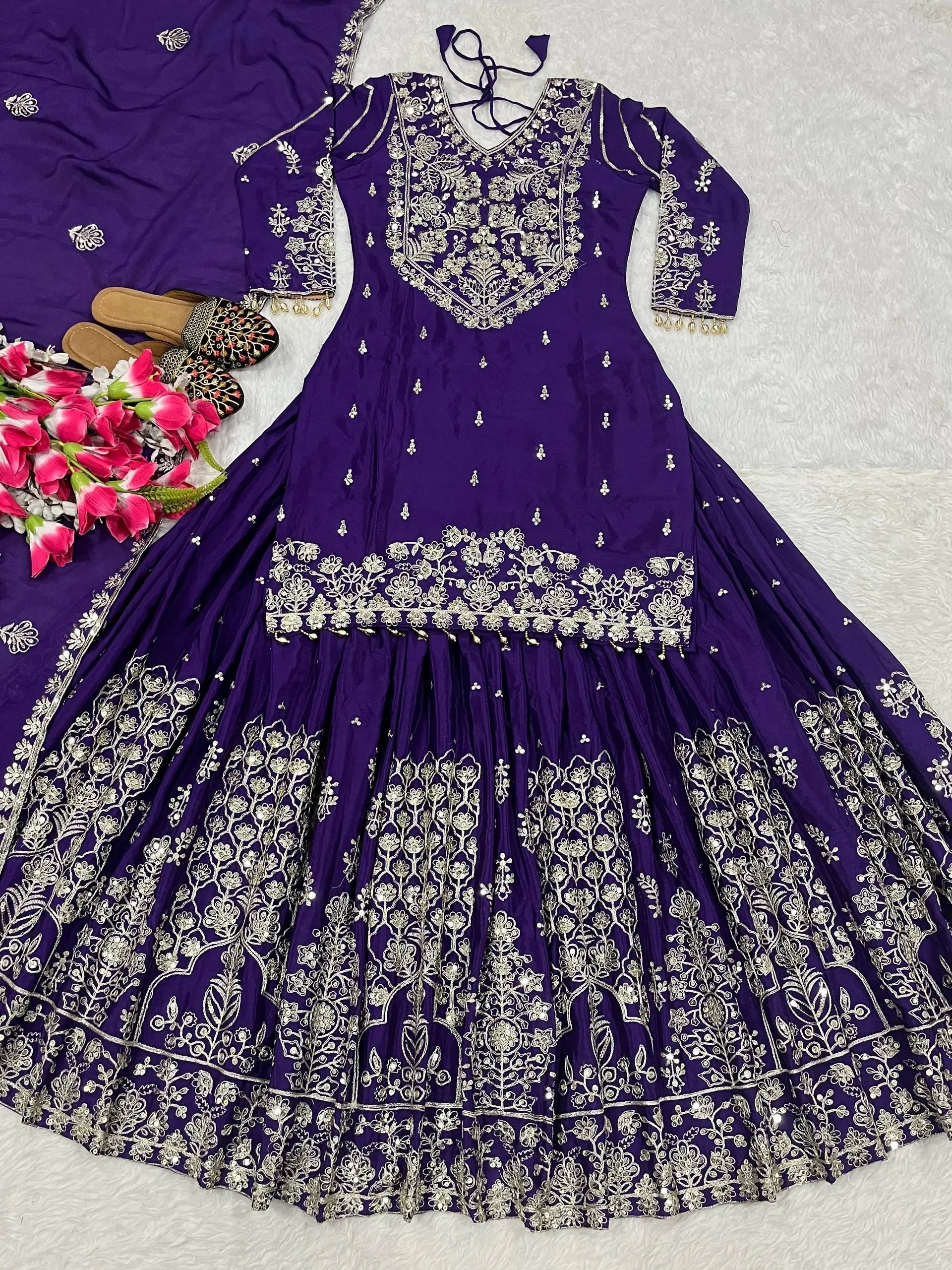 Embroidered Chinnon Silk Lehenga Set with Dupatta