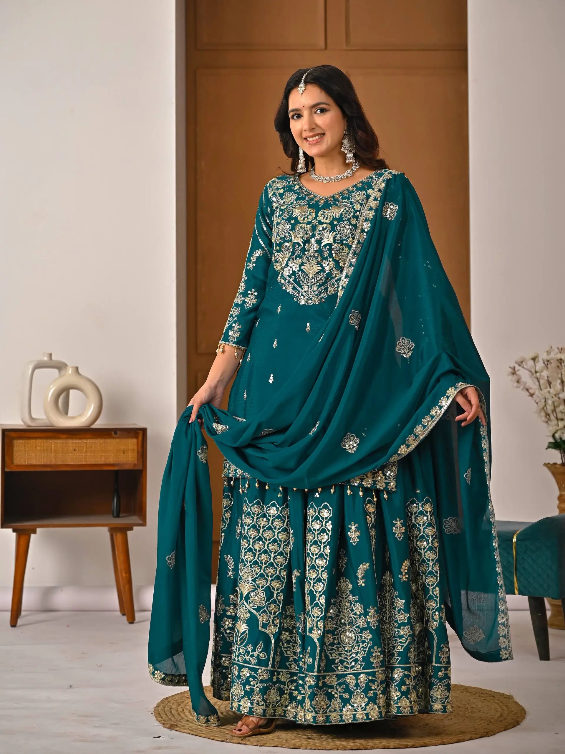 Embroidered Chinnon Silk Lehenga Set with Dupatta
