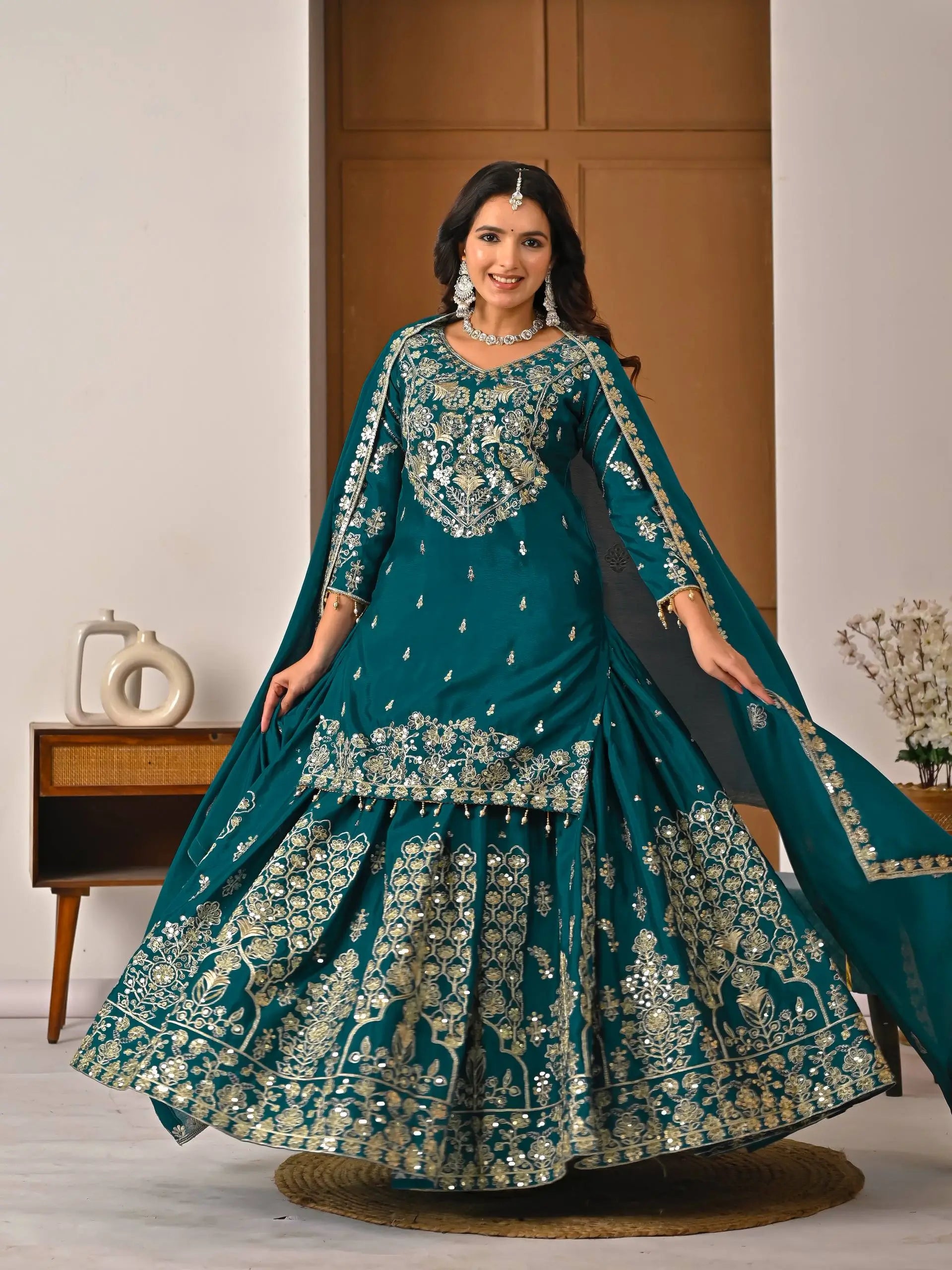 Embroidered Chinnon Silk Lehenga Set with Dupatta