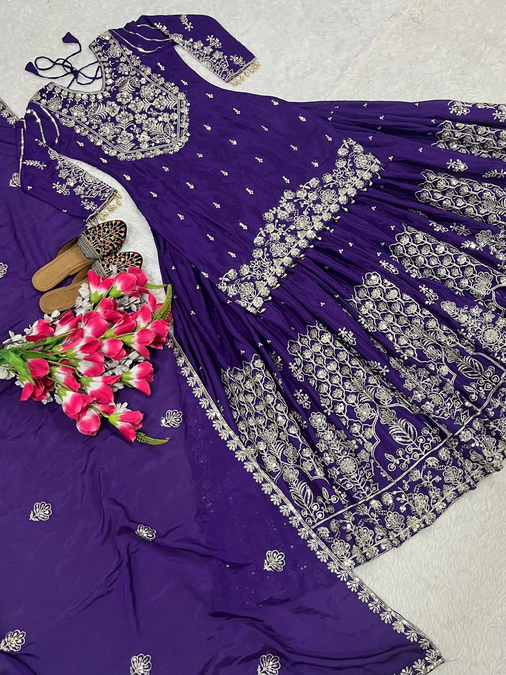 Embroidered Chinnon Silk Lehenga Set with Dupatta