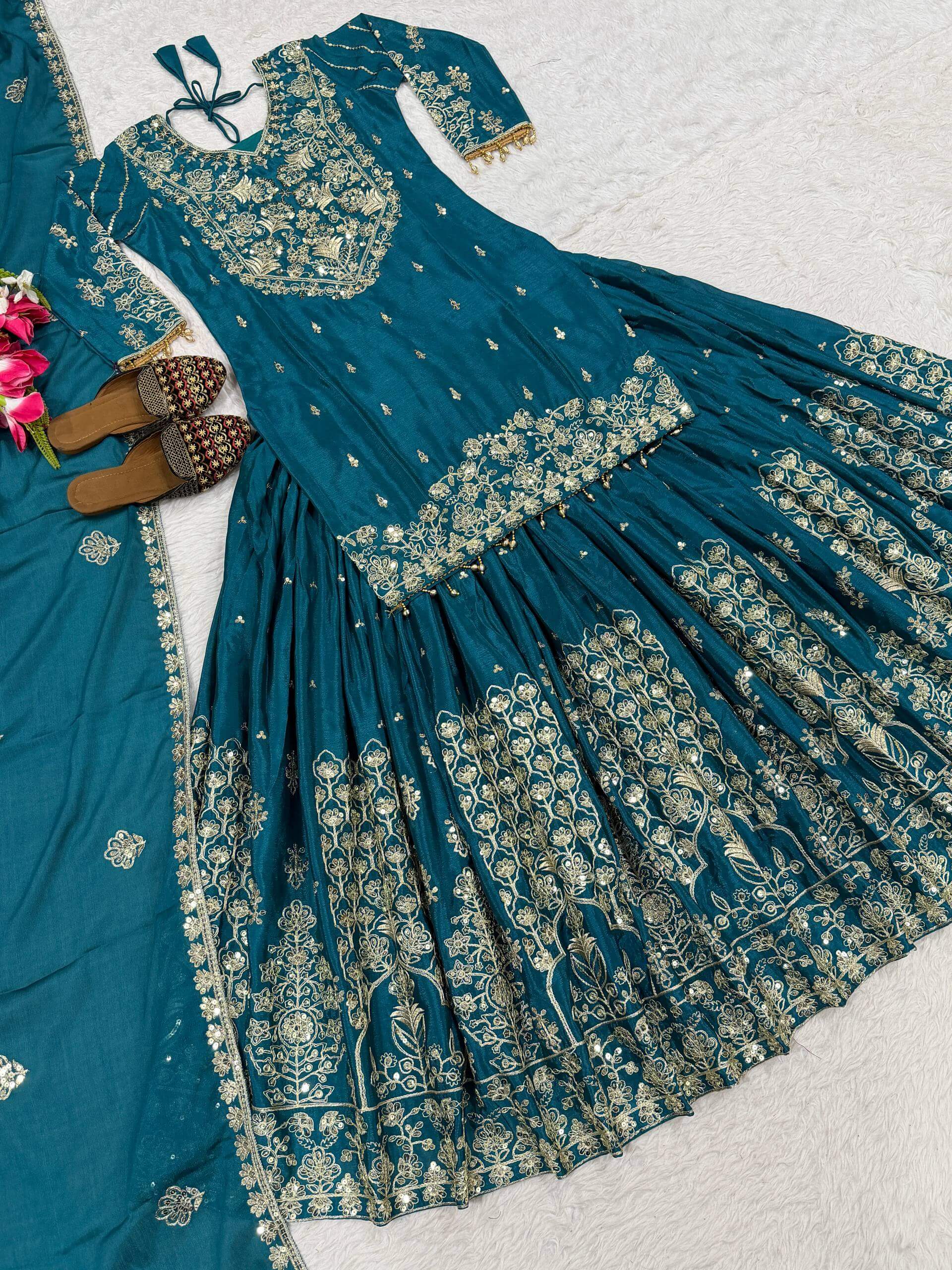 Embroidered Chinnon Silk Lehenga Set with Dupatta