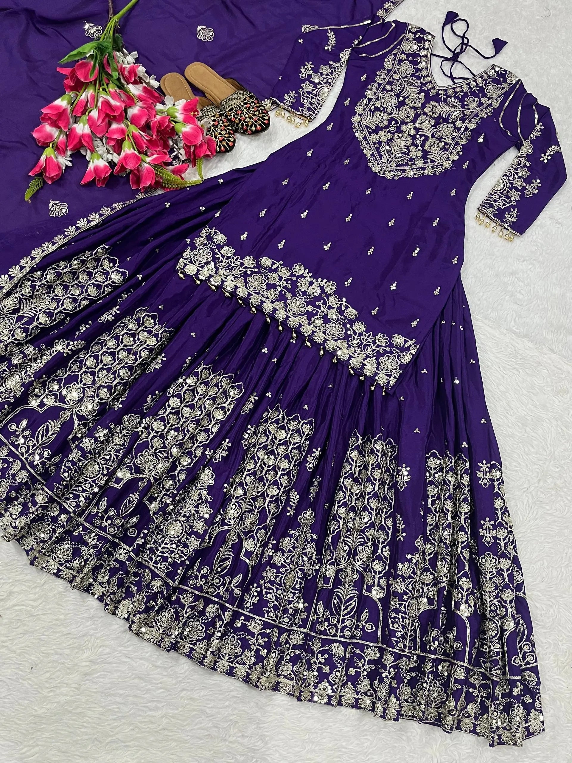 Embroidered Chinnon Silk Lehenga Set with Dupatta