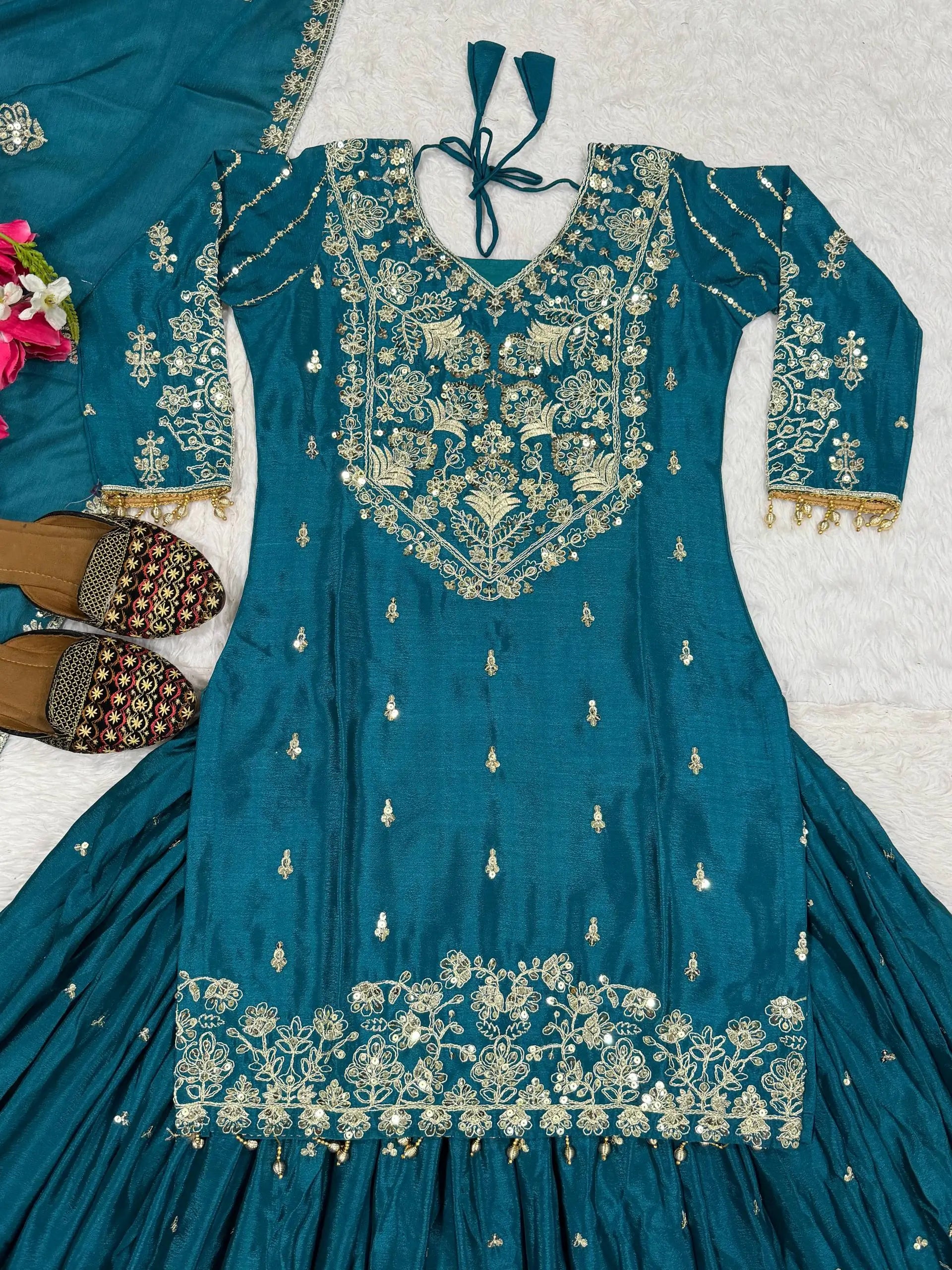 Embroidered Chinnon Silk Lehenga Set with Dupatta
