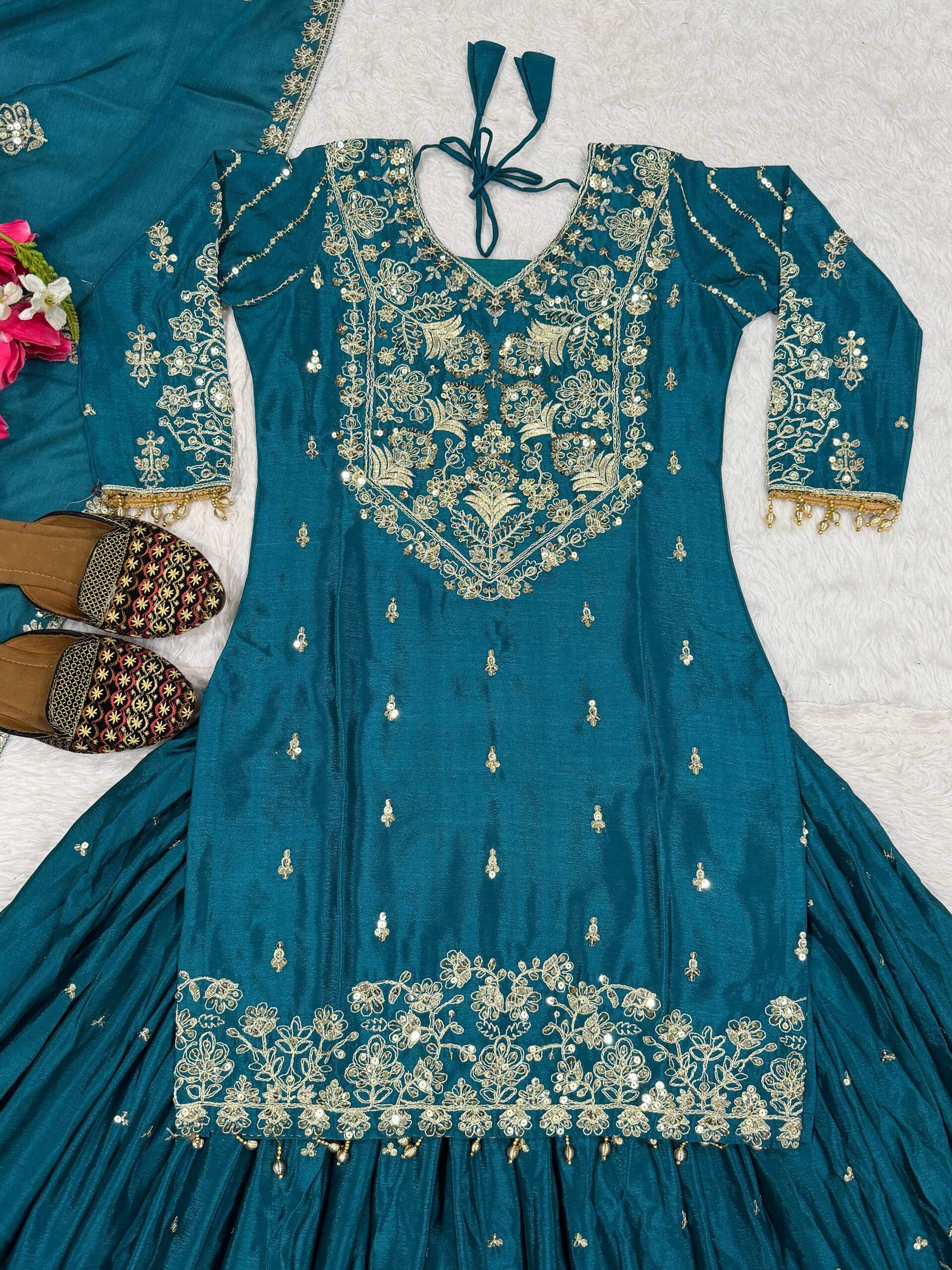 Embroidered Chinnon Silk Lehenga Set with Dupatta