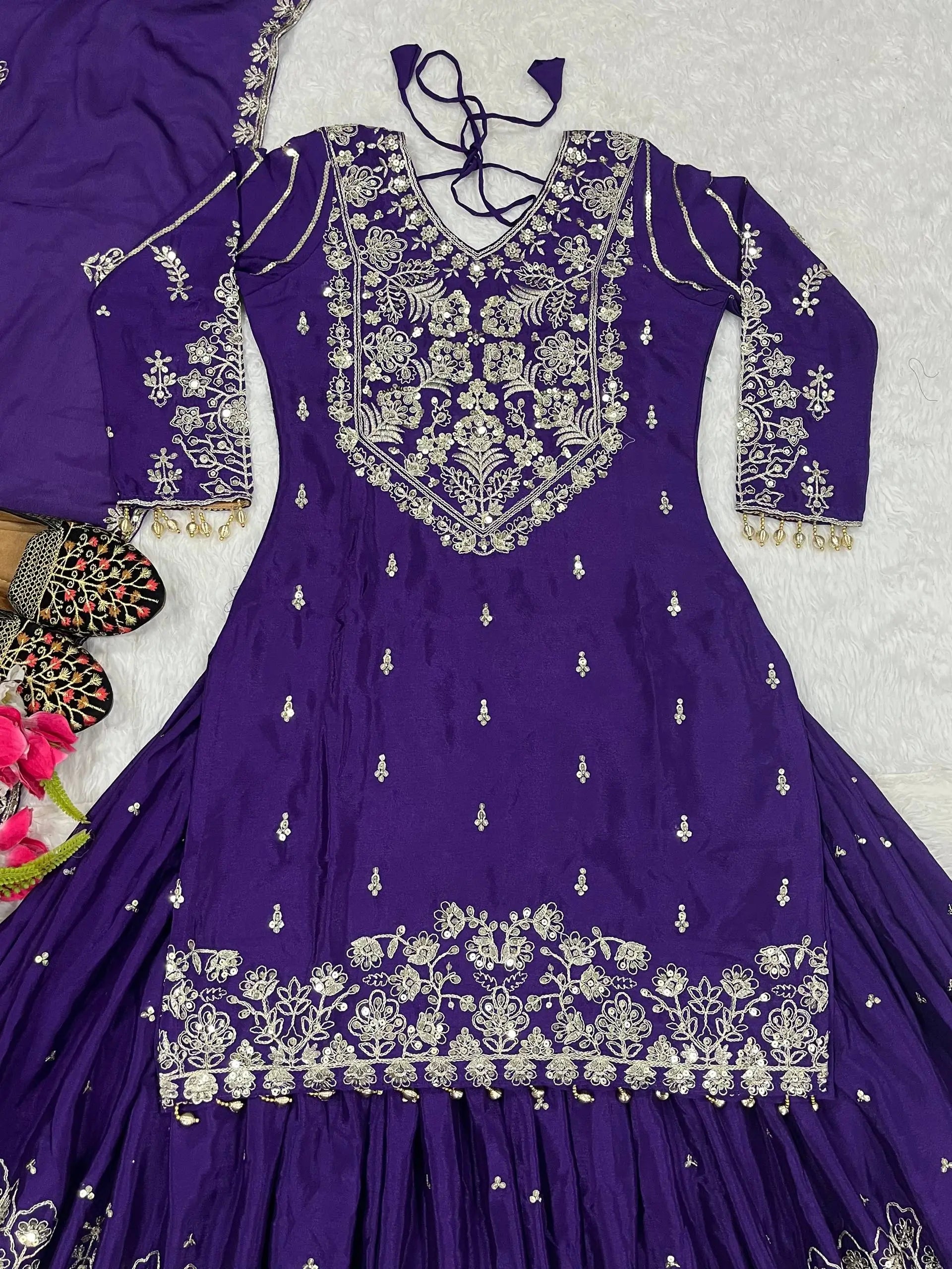 Embroidered Chinnon Silk Lehenga Set with Dupatta