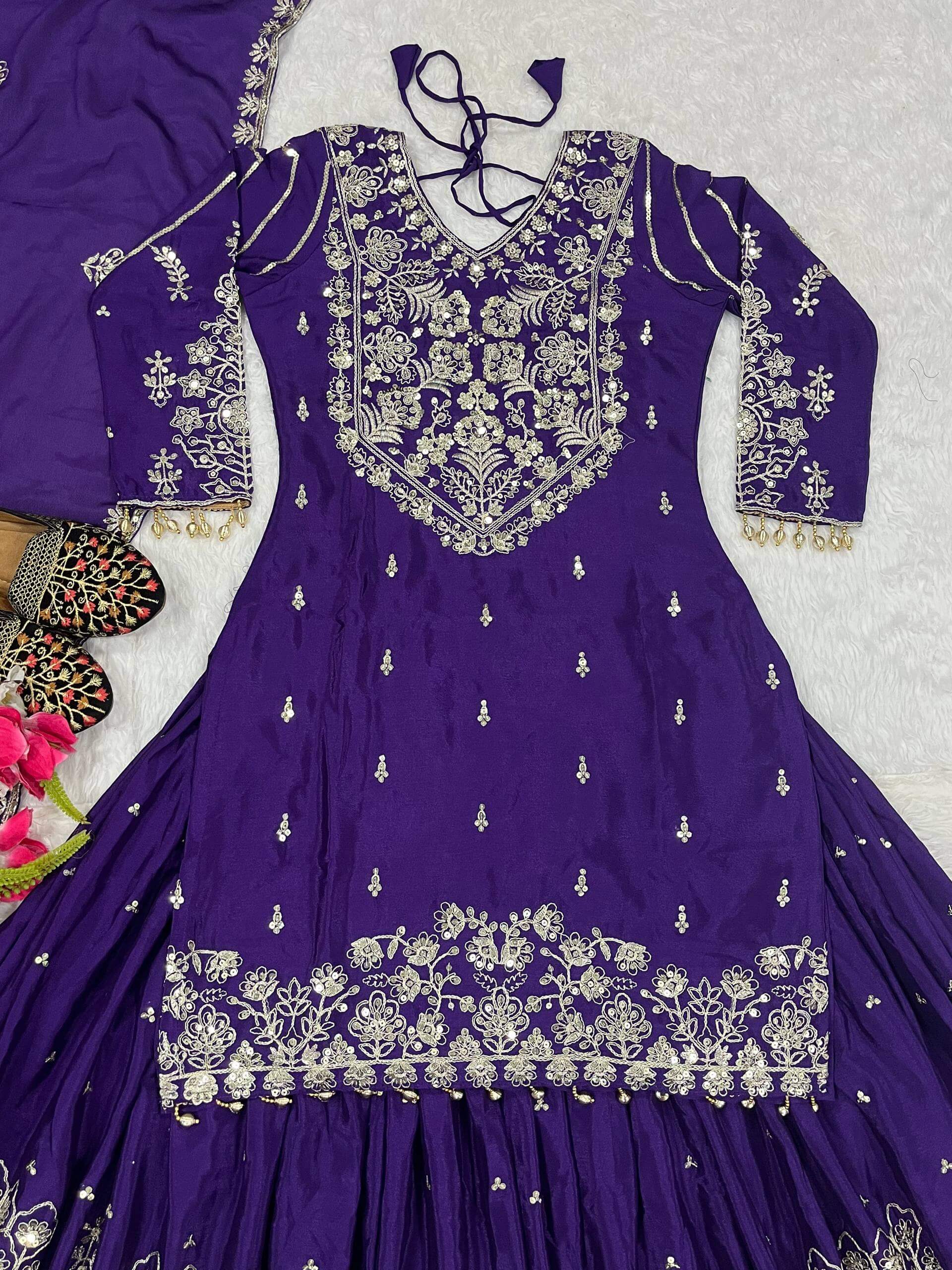 Embroidered Chinnon Silk Lehenga Set with Dupatta