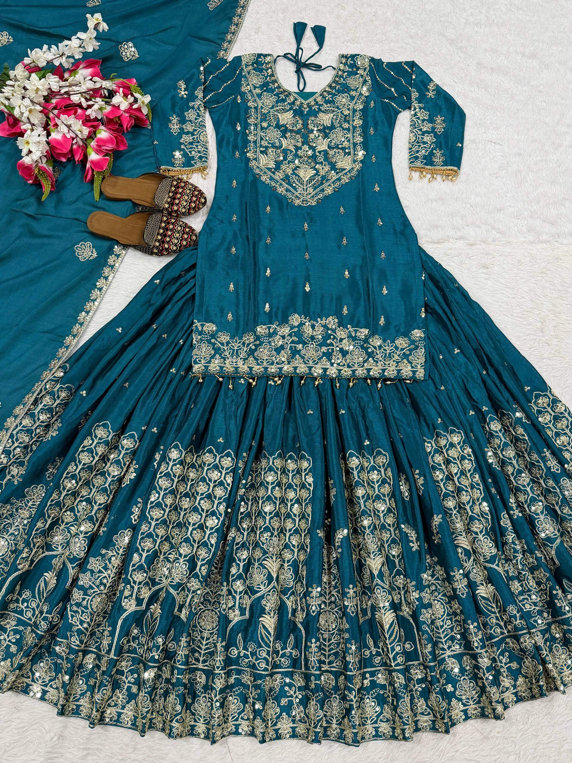 Embroidered Chinnon Silk Lehenga Set with Dupatta