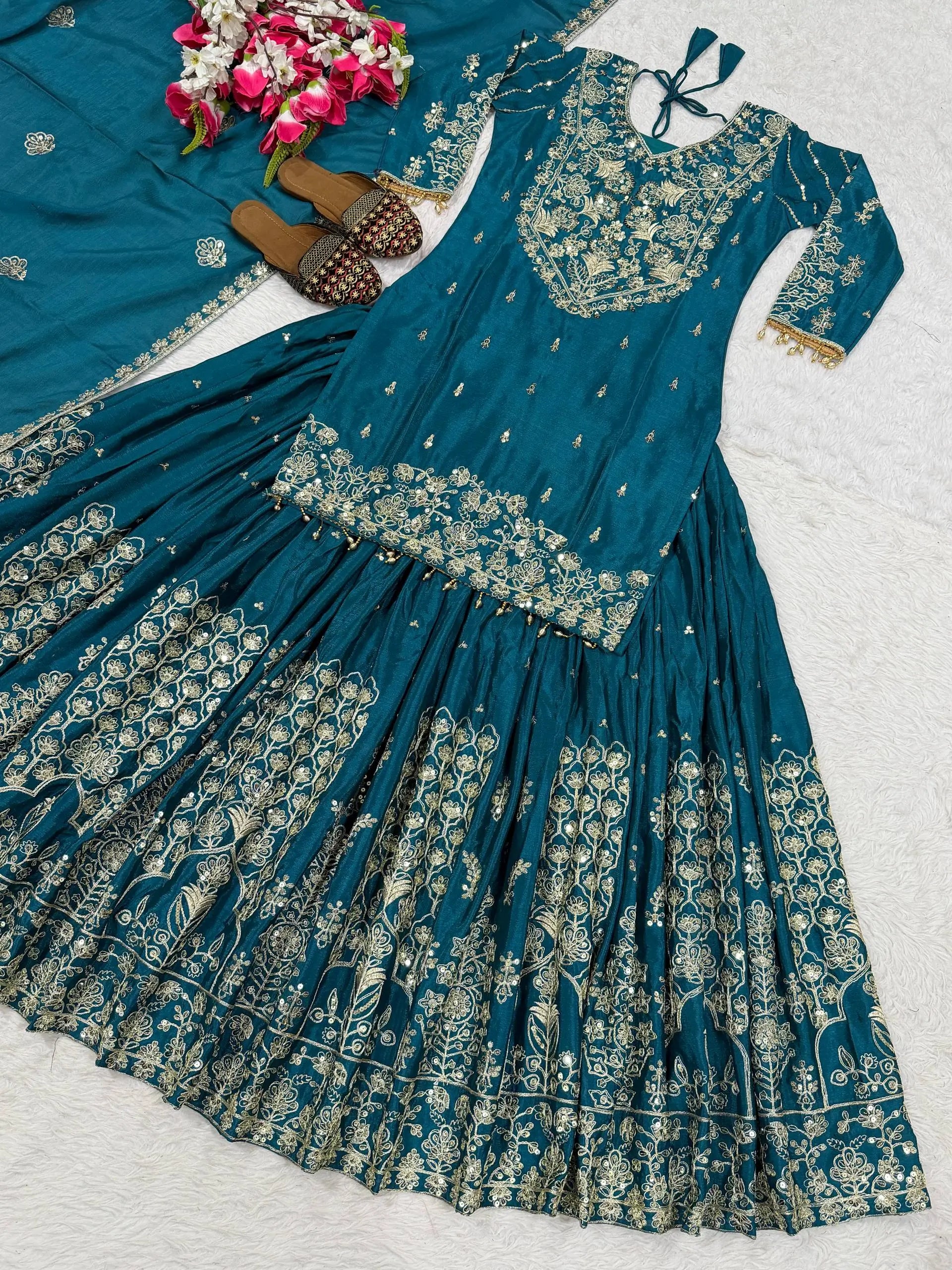 Embroidered Chinnon Silk Lehenga Set with Dupatta